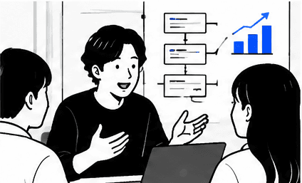 データを見ながら成長戦略を話すイラスト