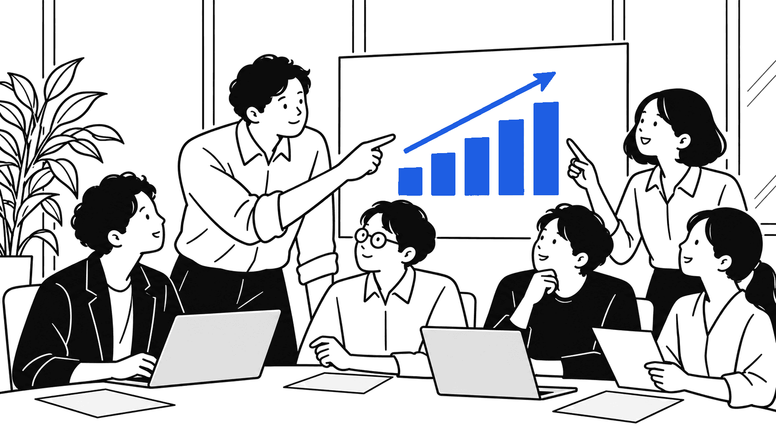 成長グラフを示しながらクライアントに説明するコンサルタントのイラスト