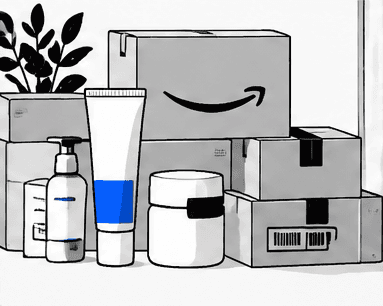 スキンケア商品とAmazonの配送箱のイラスト