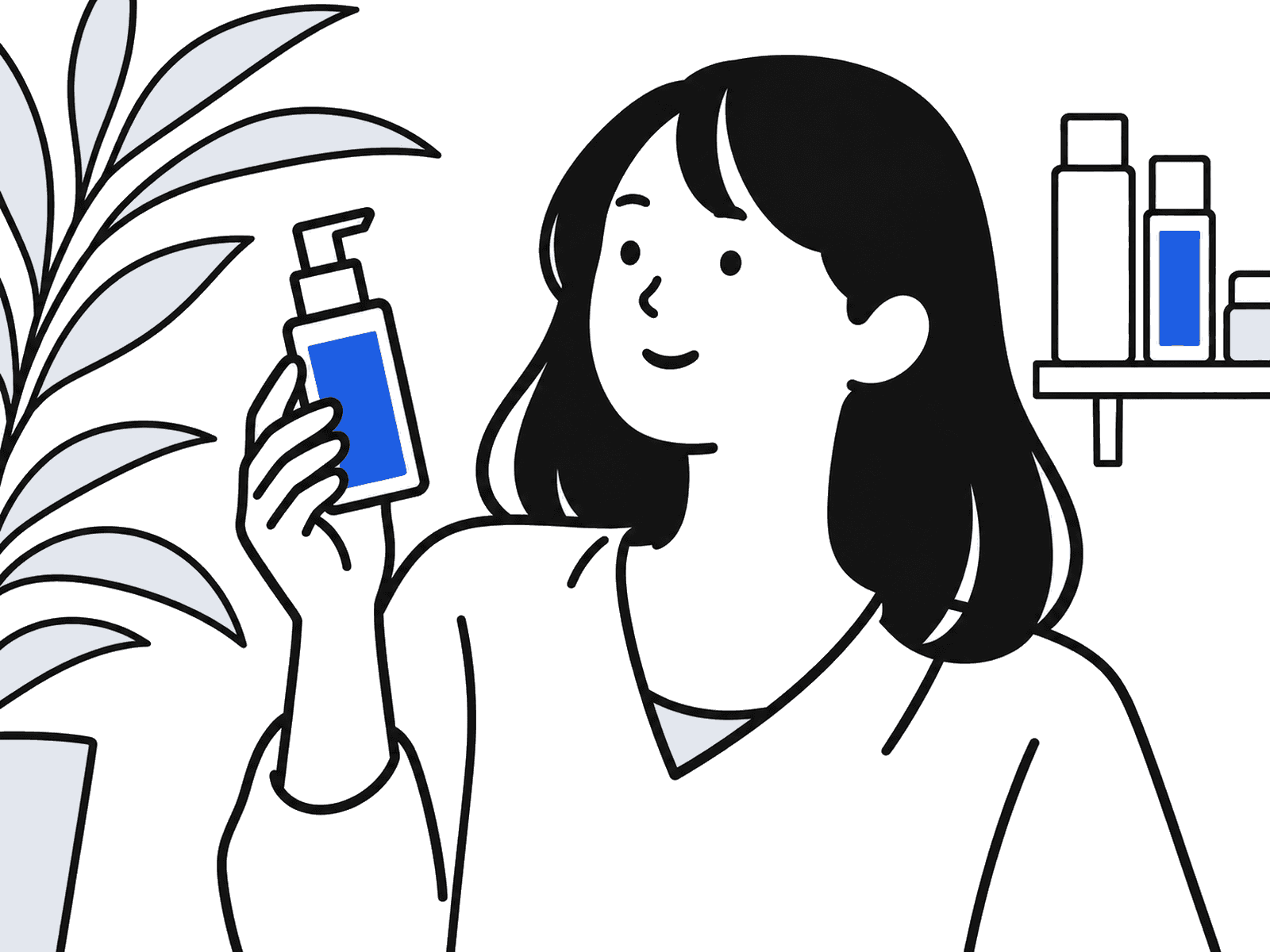 スキンケアのボトルを手に取る女性のイラスト