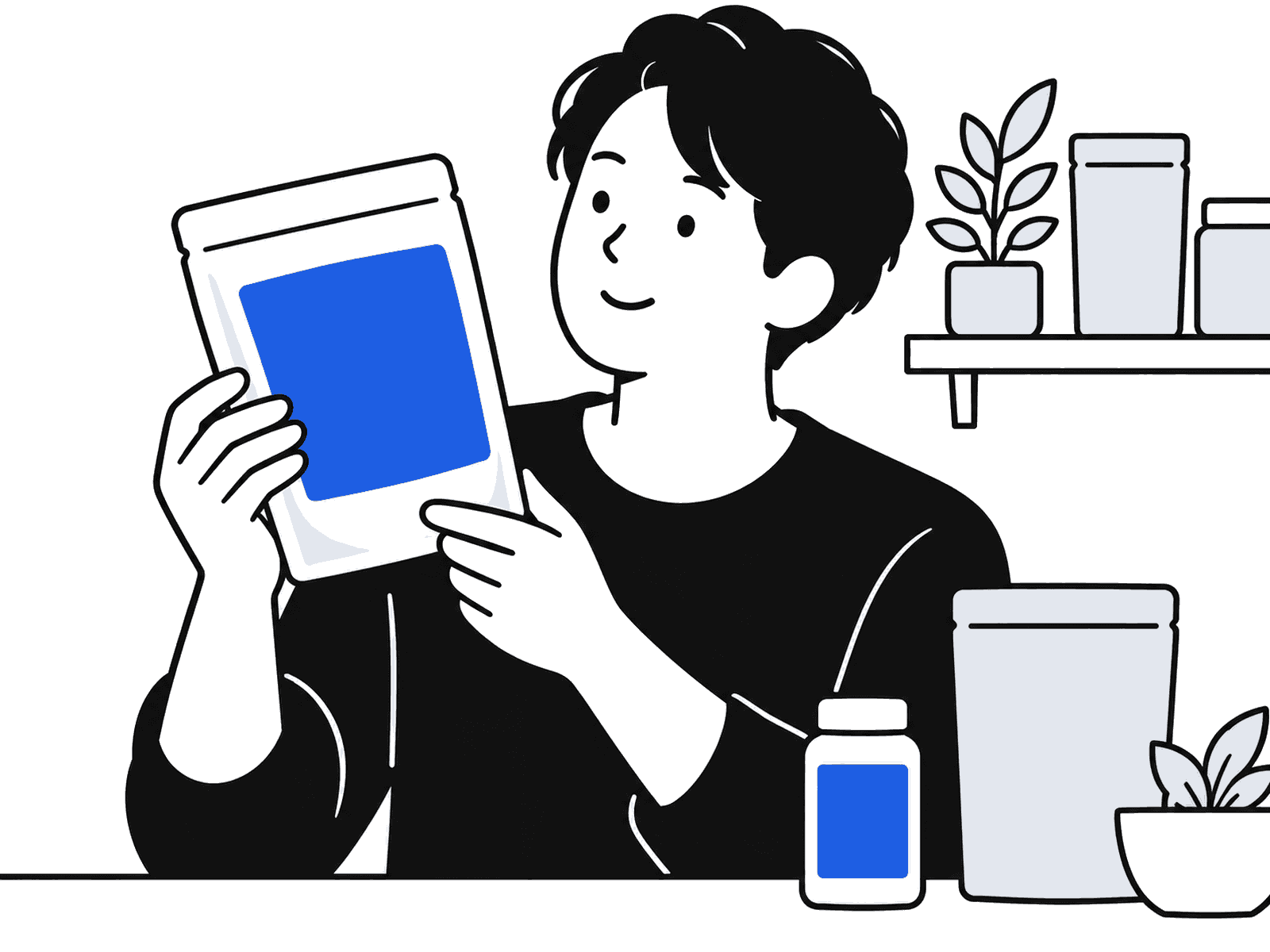 健康食品のパウチを掲げる男性のイラスト