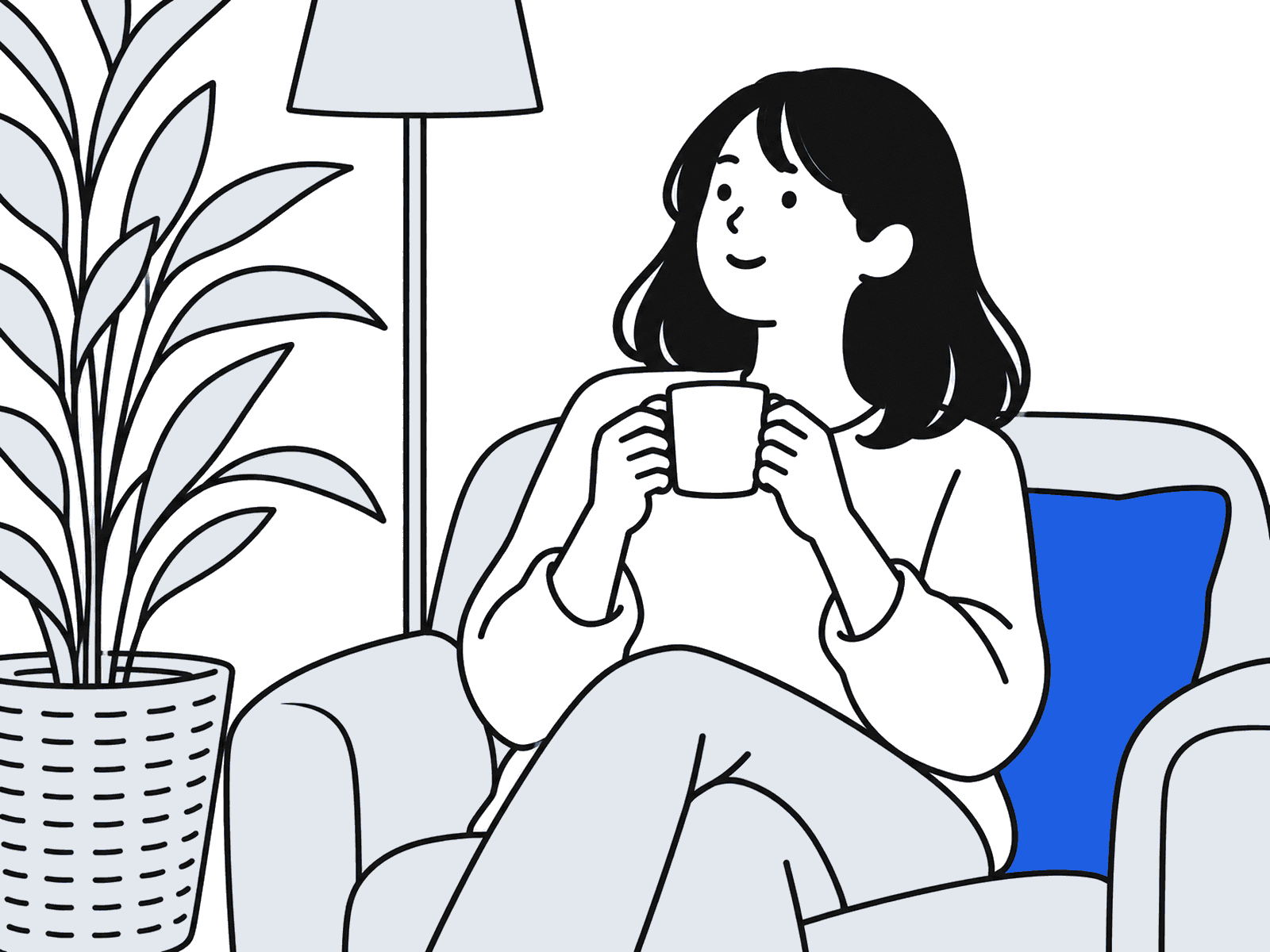 椅子でマグカップを持ってくつろぐ女性のイラスト