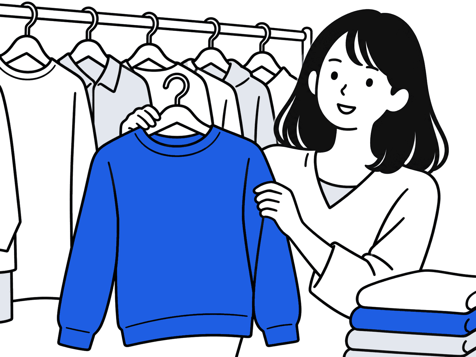 洋服ラックの服を見せる女性のイラスト