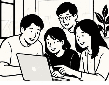 ノートパソコンを囲んで話し合うチームのイラスト