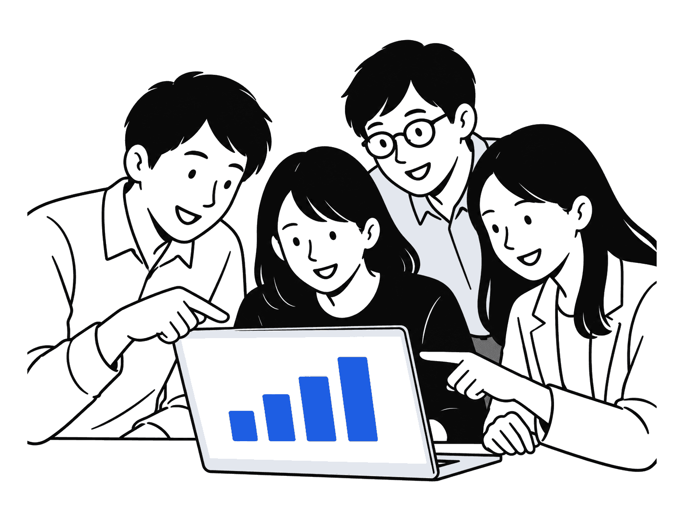 ノートパソコンを囲んで話し合うチームのイラスト