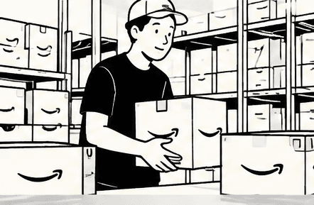 倉庫で商品の箱を運ぶスタッフのイラスト