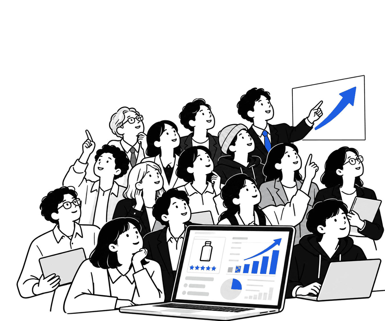 大勢の人がノートパソコンの売上グラフを見上げて指さすイラスト