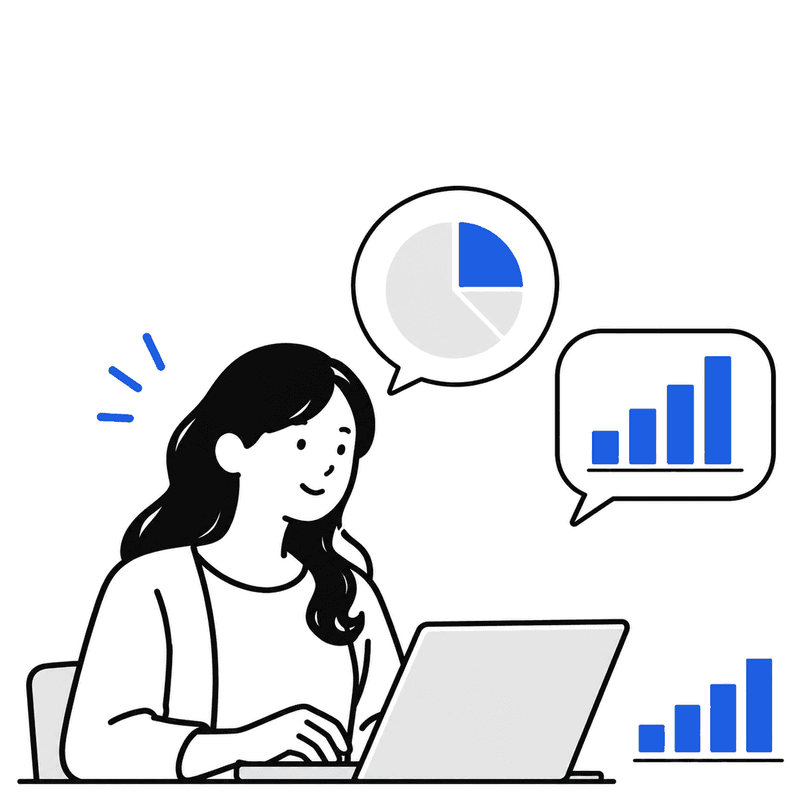 ノートパソコンで売上データを確認する女性のイラスト